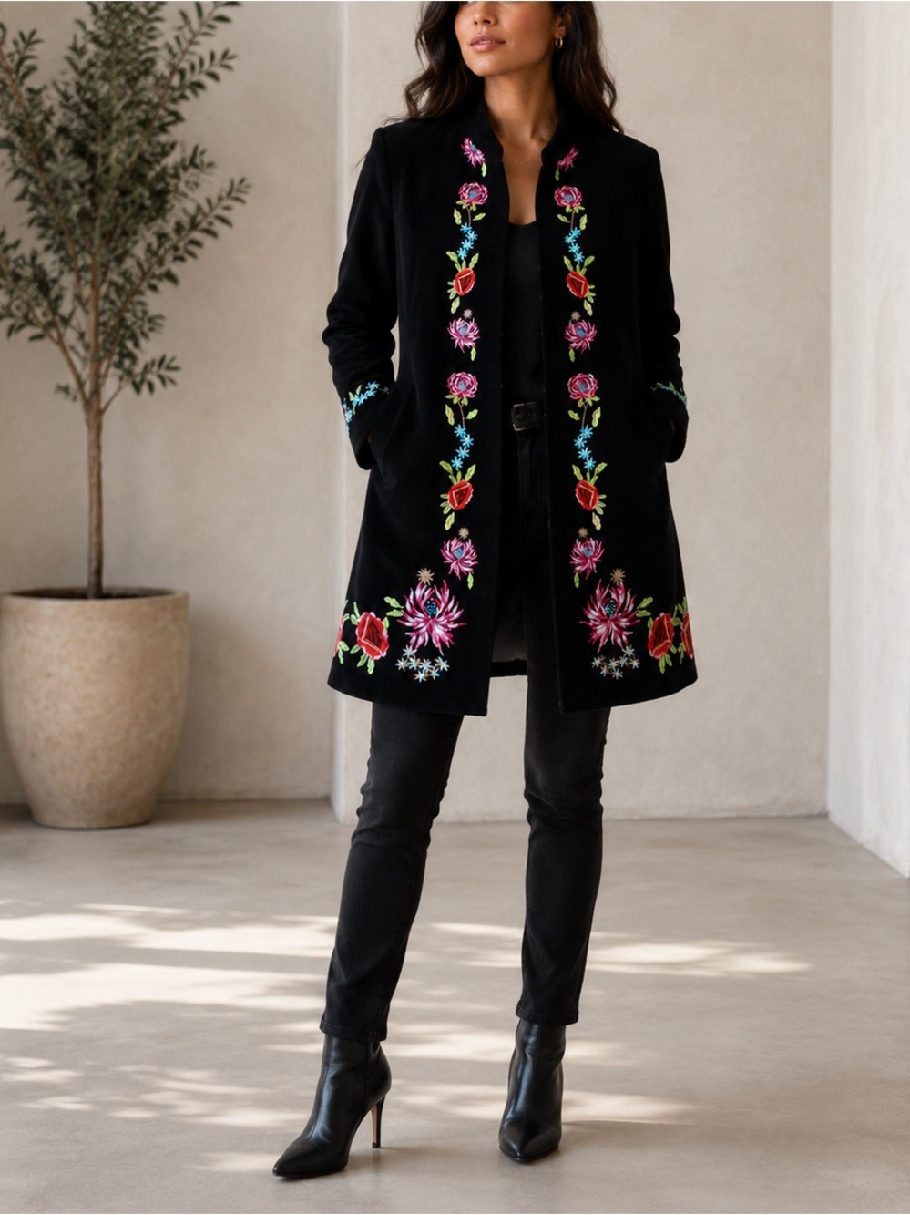 Vintage Metrostyle Black Floral Embroidered Boho Longline Trench Coat